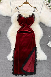 Langes Kleid Hohe Taille Spitze Patchwork Seitlich Geteiltes Samt Langes Kleid Party Vestidos Kleid